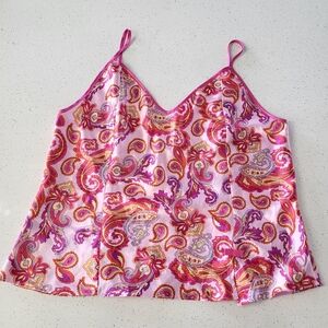 Vintage Y2K Satin Paisley Cami Pink Spaghetti Strap Silky Tank L